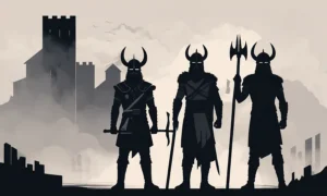 Vikinge krigere står bag træ bymure midt i smoky baggrund.