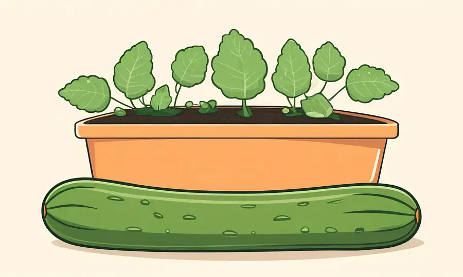 Et billede af en kardinplante (cucumber planten) fyldt med voksende agurker på en solrig sommer dag.