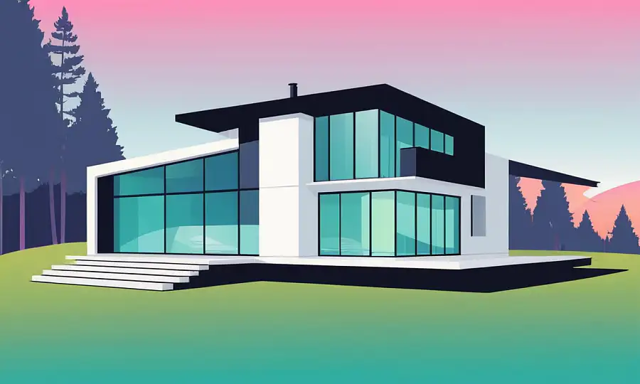 En futuristisk skandinavisk villa design med iridescent farver på en minimalistisk baggrund.