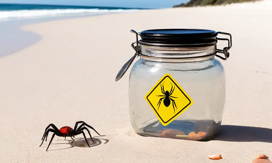 Redback edderkop nærmer sig en åben krukke på en australsk strand, med advarsel symboler.