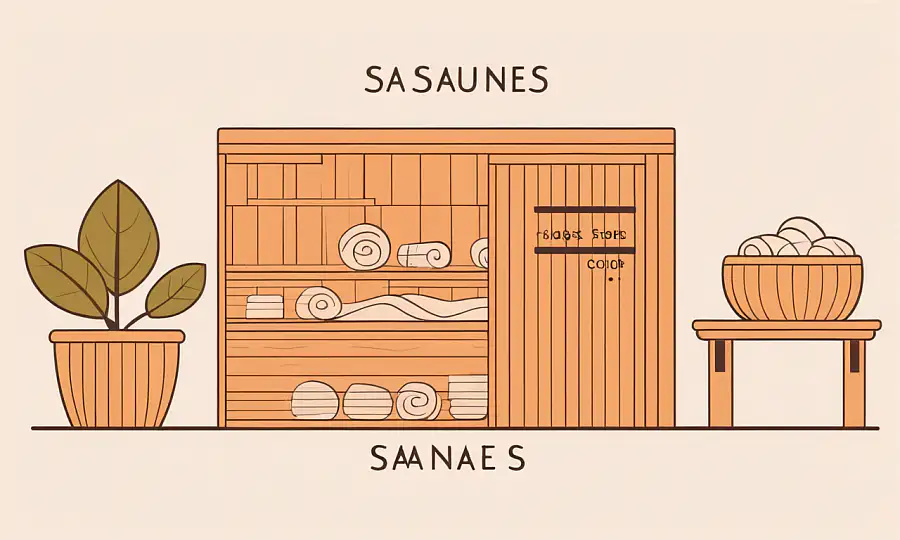 Illustration af forskellige saunaer med tekst om at vælge den rigtige størrelse og type.