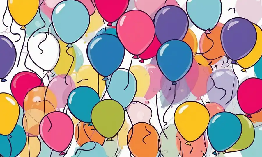 En farverig illustration af helium-fyldt balloner i forskellige størrelser omgivet af festlige fest dekorationer.