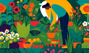 Person har tendens til levende blomster og farverige grøntsager i en have.