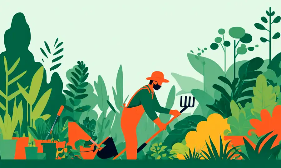 Gardener ved hjælp af haveredskaber i nærheden af angrebne planter midt i frodig foliage.
