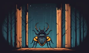 En kæmpe træboring beetle ødelægger en træstruktur i mørket.
