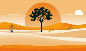 En minimalistisk illustration af et orange træ blomstrende i ørkenen