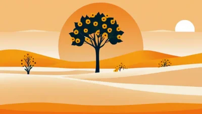 En minimalistisk illustration af et orange træ blomstrende i ørkenen