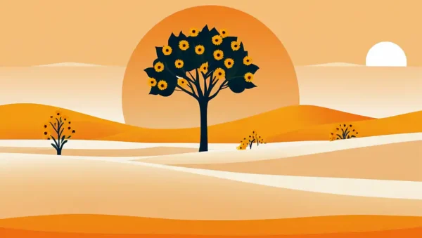 En minimalistisk illustration af et orange træ blomstrende i ørkenen