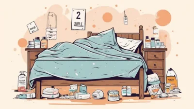 Nogen sover på en gammel seng med pletter og tårer