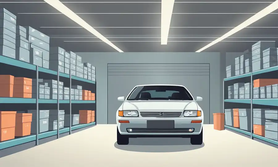 En bil står blandt organiseret opbevaringsplads i en velholdt garage.
