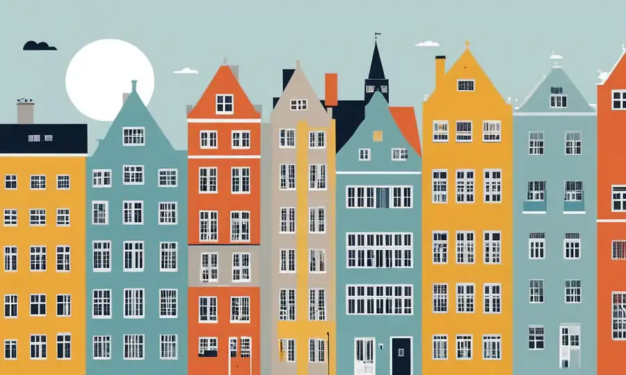 Arkitekter, der ser på puslespillede udtryk på byggefacader, med et bybillede af dansk arkitektur.