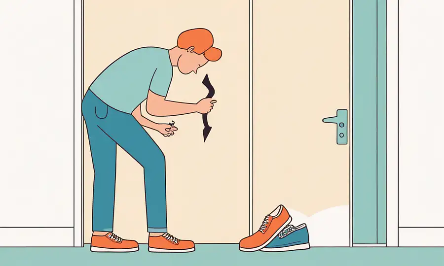 En humoristisk illustration af nogen forsøger at løse et kæmpe par sko på døren.