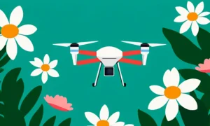 En drone soaring over blomstrende blomster midt i grønt.