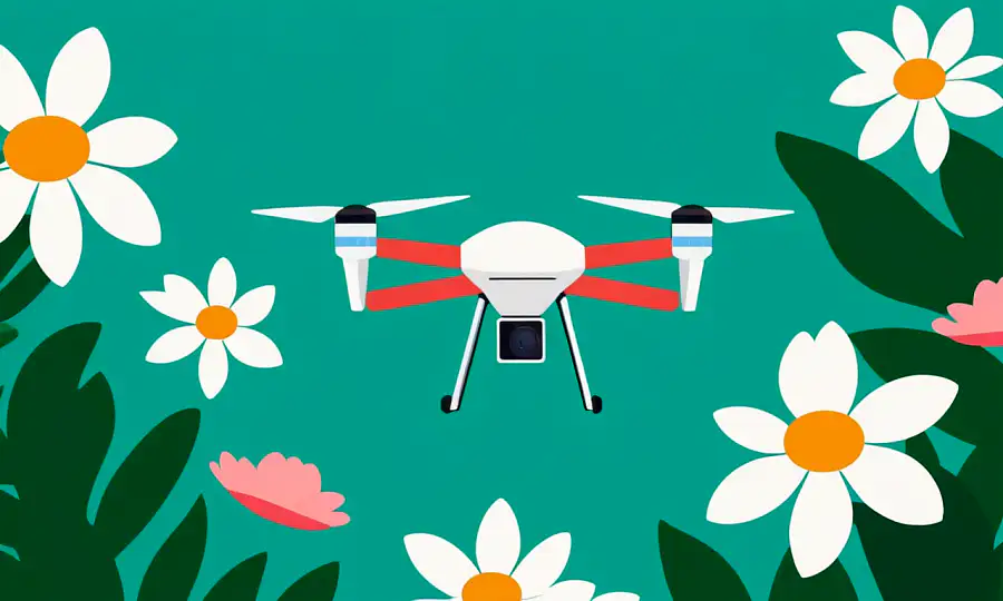 En drone soaring over blomstrende blomster midt i grønt.