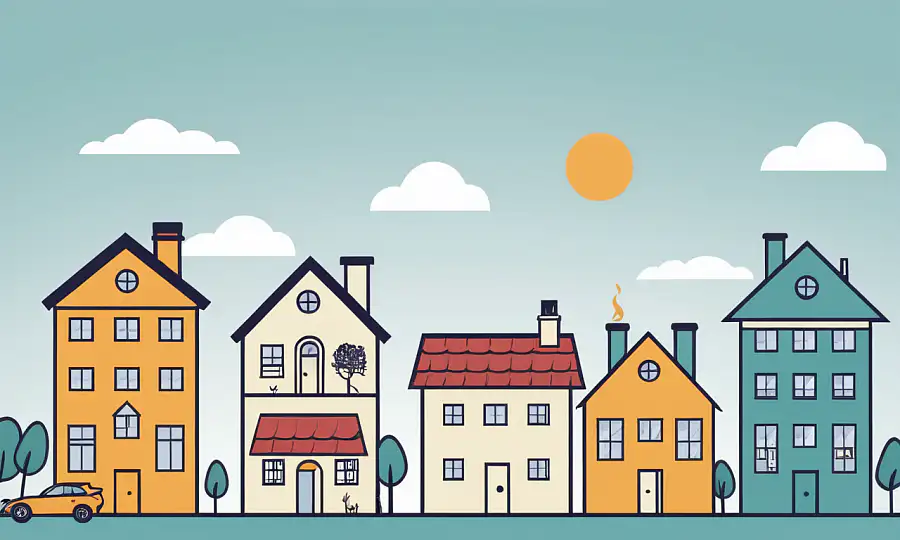 Illustration af forskellige huse med forsikringsrelaterede ikoner og tekstoverlejring om dækningstyper.