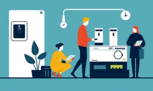 Danske mennesker sparer penge midt i en baggrund af energimålere og højprisede husholdningsapparater.