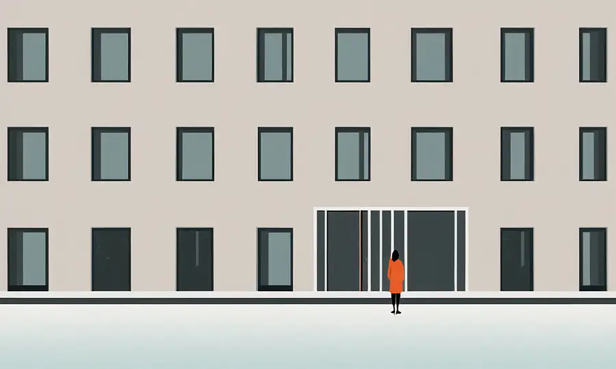 En sene kvinde står foran en renoveret lejlighedsbygning, sandsynligvis Køb af Utzon (Purchase af fast ejendom) projekt for single kvinder.