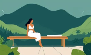 Kvinde slapper af på en varm sauna bænk omgivet af naturen.