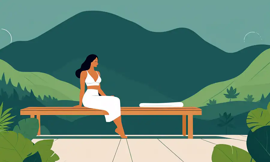 Kvinde slapper af på en varm sauna bænk omgivet af naturen.