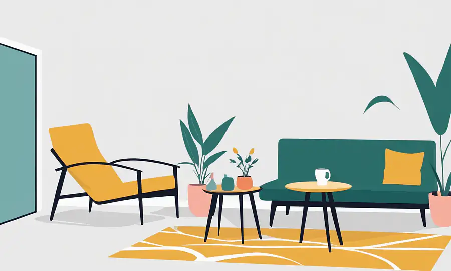 Et minimalistisk hus udvendigt med minimalistisk møbelarrangement indendørs.
