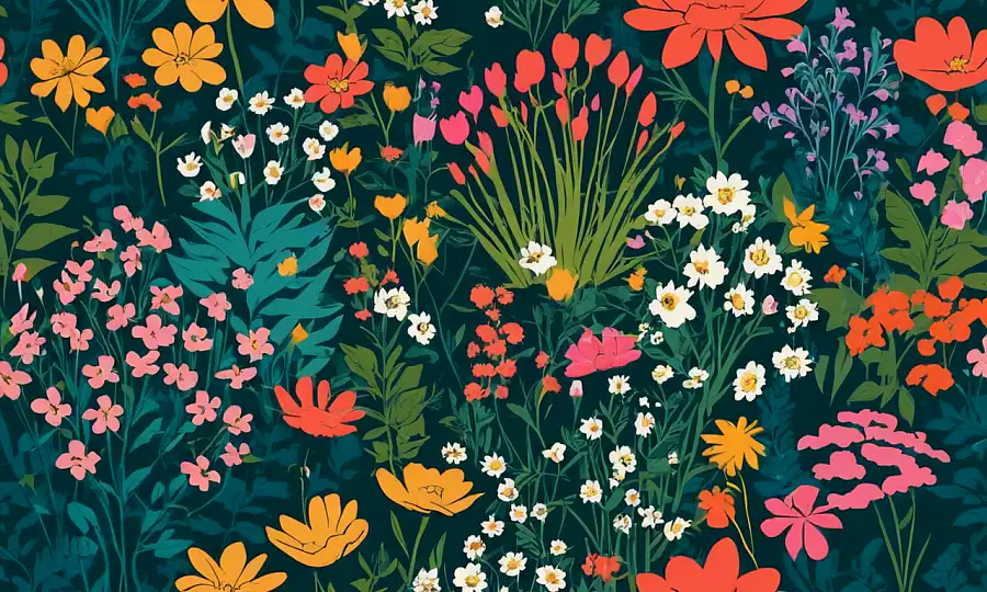 En frodig have fyldt med levende blomster