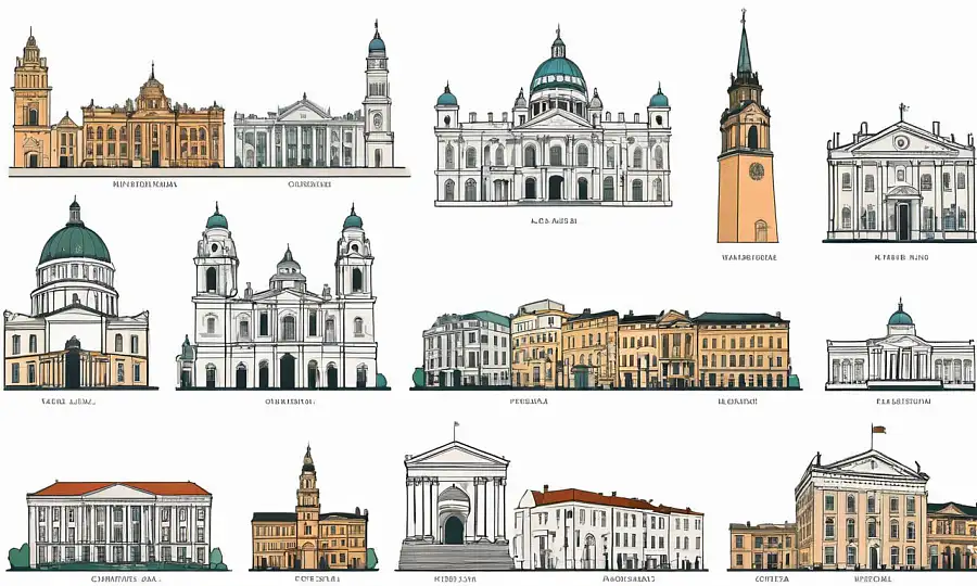 Historiske bygninger og bylandskab illustrationer med bevaringslabels og kort.