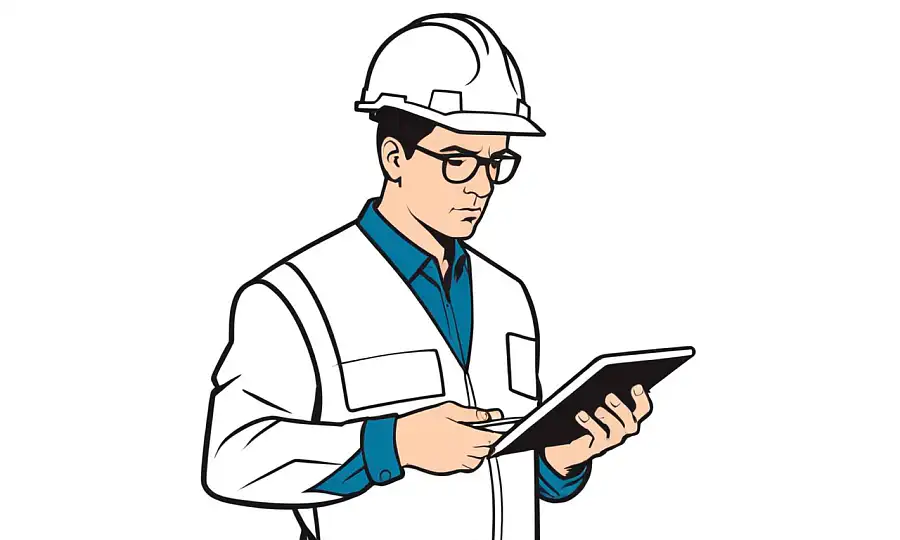 En bygge inspektør eller arkitekt, der anmelder arkitektoniske planer på en tablet med et bestemt udtryk.