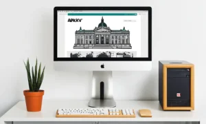 Vintage fotografier og illustrationer skildrer Danmarks historie på gamle computere med Arkiv.dk logo.