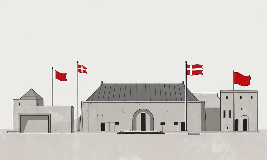 En minimalistisk illustration af en bygning eller strukturer omgivet af konkrete elementer og danske flag.