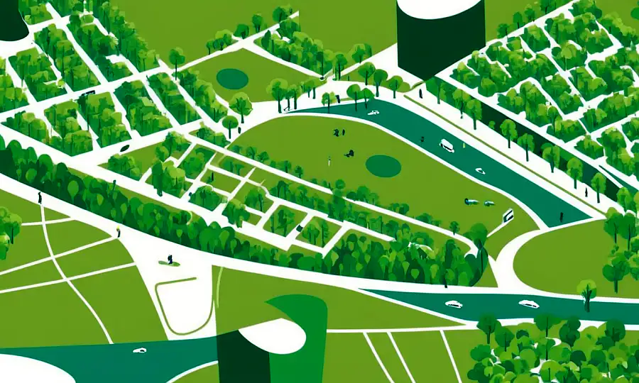 Mixed-use urban planlægning konceptbillede med grønne rum og samfund levende områder.