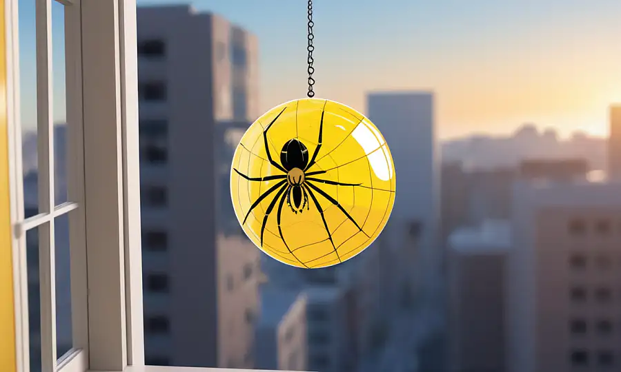 En gul orb-web edderkop fanget i en indenlandske fælde nær et vindue
