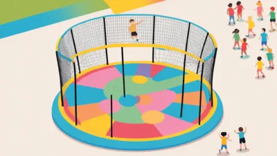 En trampolin med farverige forhindringer i et sikkert legeområde omgivet af børn på spil.