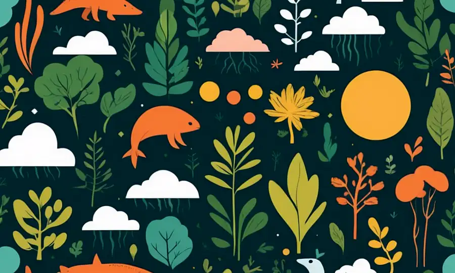 En natur-inspireret illustration skildrer forskellige økosystemer