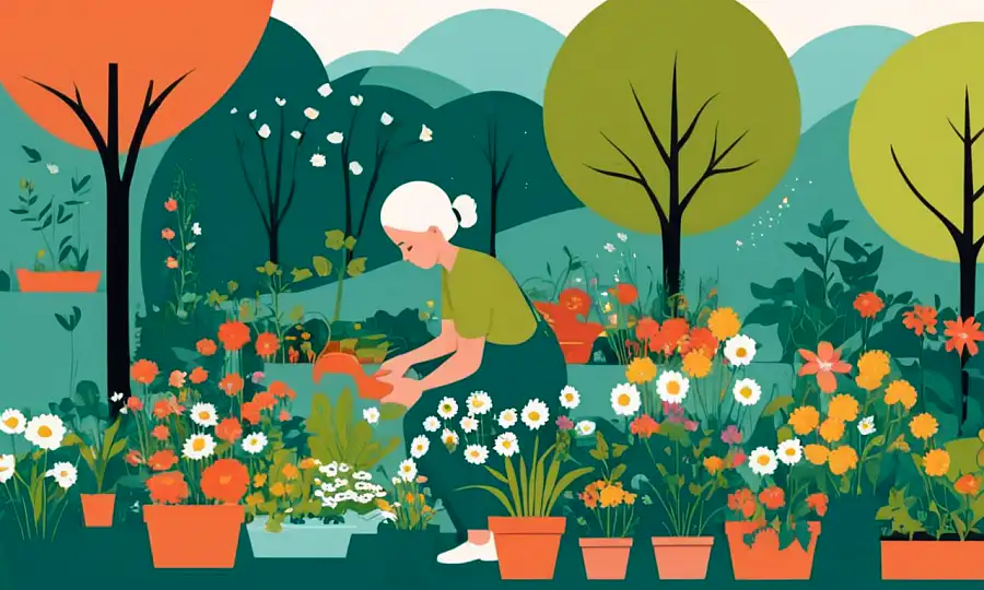 En person, der har tendens til en baghave i løbet af året, med sæsonblomster og planter, der vokser.