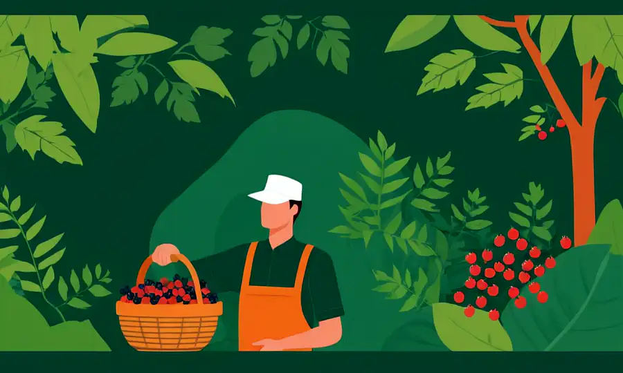 Gardener holder en kurv af modne urtetorn bær midt i frodige grønne områder.