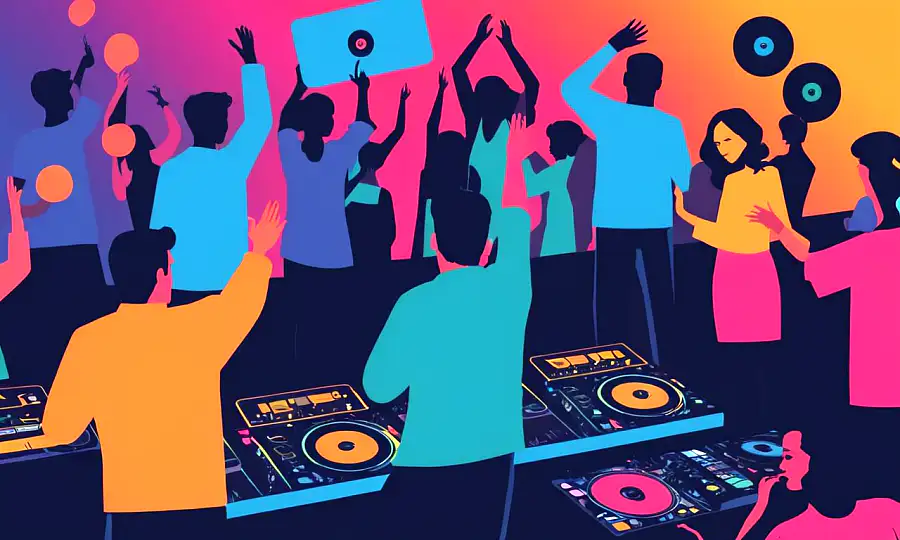 En festscene med folk dans og en DJ justering af høj musik volumen drejeknapper.
