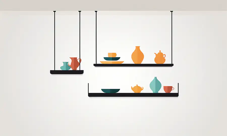 Elegante flydende hylder suspenderet fra et minimalistisk loft