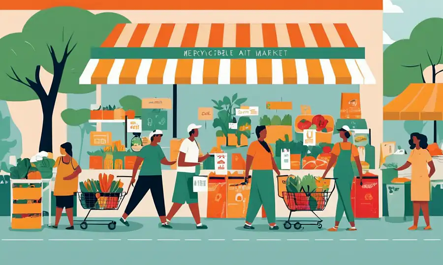 Folk shopping på et lokalt marked med genanvendelige varer, omgivet af miljøvenlige baggrundselementer.