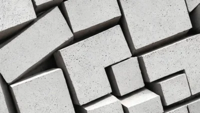 Grålige betonblokke eller vægmaterialer sammenlignes på en hvid baggrund.