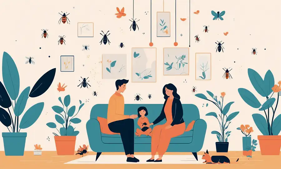En familie omgivet af små flyvende insekter i deres hjem.
