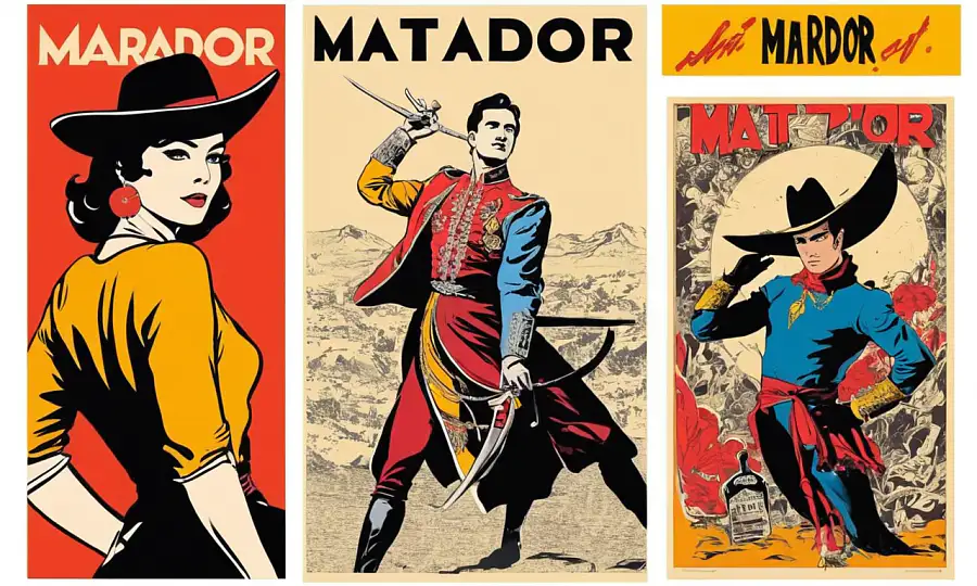 En collage af vintage matador plakater og tegneserier i forskellige stilarter blandet med artefakter.