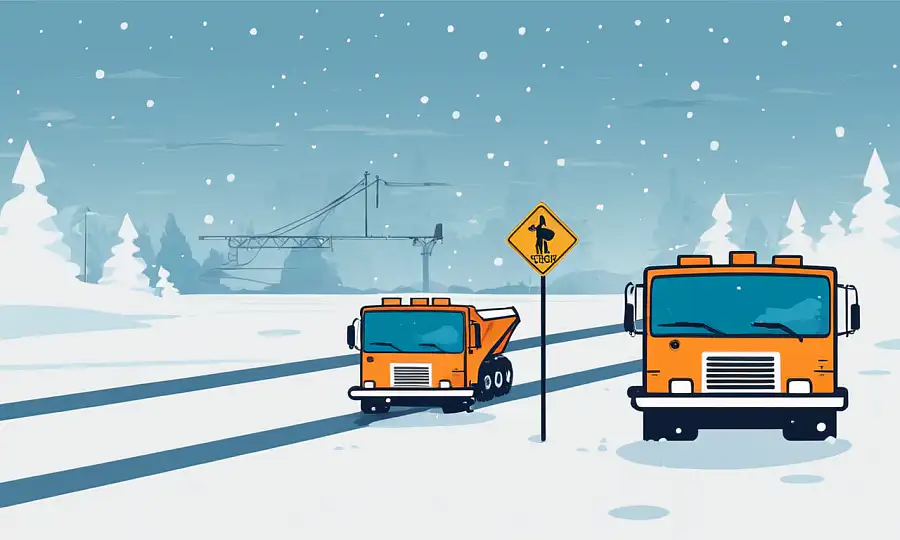 Vinterlandskab med sneplows og biler midt icy veje