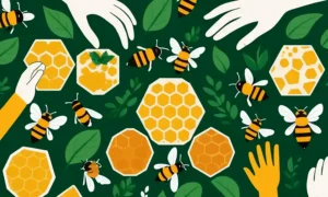En biavlere hænder har tendens til farverige bier og honeycombs midt i frodige grønne områder.