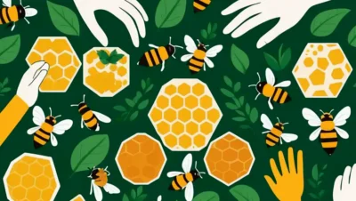 En biavlere hænder har tendens til farverige bier og honeycombs midt i frodige grønne områder.
