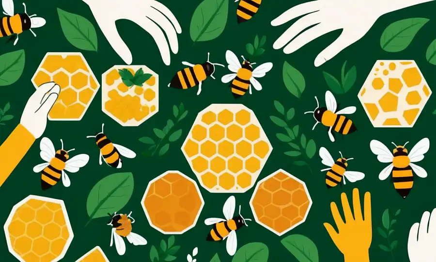 En biavlere hænder har tendens til farverige bier og honeycombs midt i frodige grønne områder.