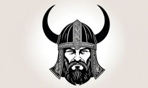 En vikinge krigsherrer imponerende hornet hjelm og regalia på display