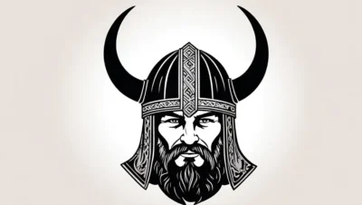 En vikinge krigsherrer imponerende hornet hjelm og regalia på display
