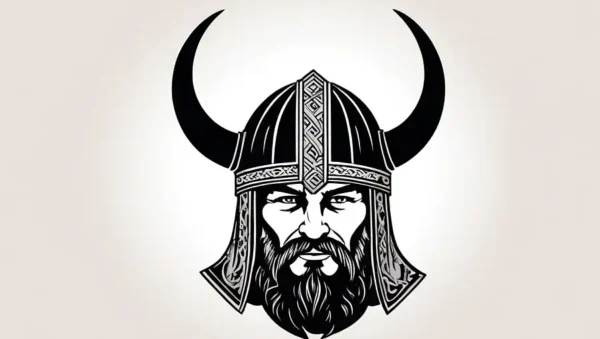 En vikinge krigsherrer imponerende hornet hjelm og regalia på display