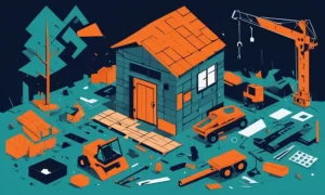 En rodet kabine med spredte blokke og værktøjer omgivet af bygge kaos.