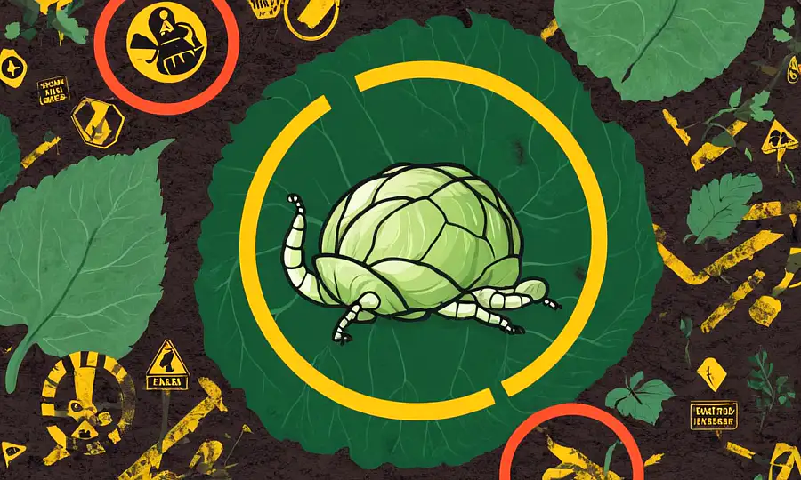 Cabbage orme på et blad omgivet af advarselsskilte og beskyttelsesbarrierer.